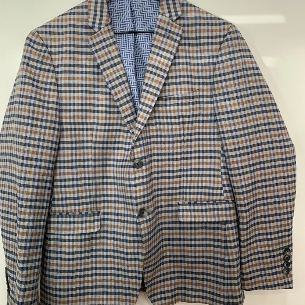 Original men’s S 38S Penguin Blue and Brown Plaid Blazer wool and polyester mix